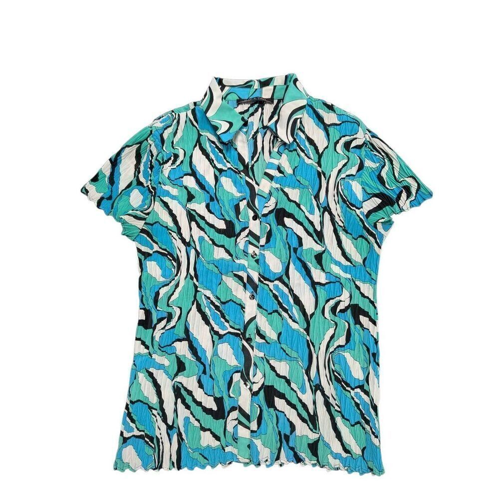 Violet & Claire Button Up Blue Stretch Blouse Abstract Print Top Women's Extra L